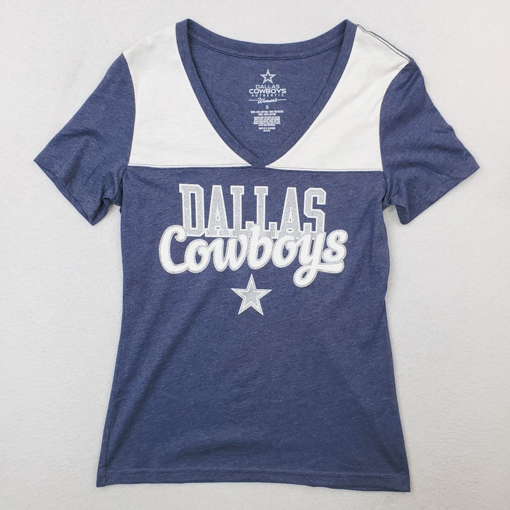 Dallas Cowboys Shirt Women Small Blue White Glitter Spellout V Neck Short Sleeve